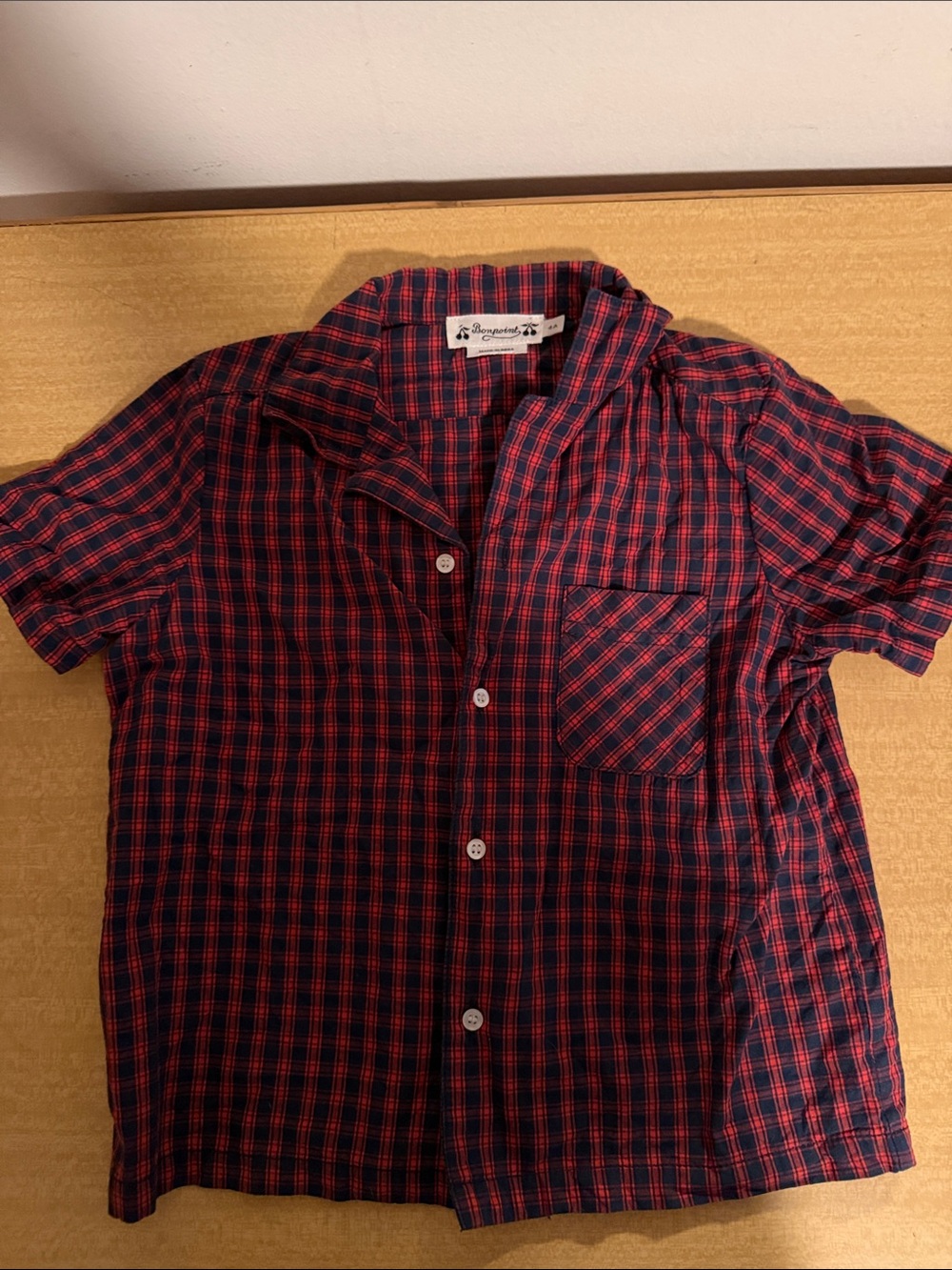 Bonpoint Red and Navy Plaid Short-Sleeve Button-Down Shirt